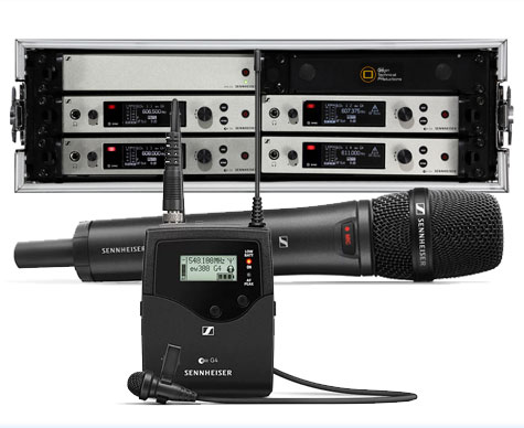 Sennheiser G4 300 Series (Ch.38) 4-way rack – supplied with ME2-US Lavalier / Tie Clip or 835 handheld microphones, aerial distribution, aerials, cables and stands.