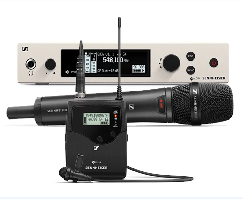 Sennheiser G4 300 Series (Ch.38) single unit – supplied with ME2-US Lavalier / Tie Clip or 835 handheld microphones.