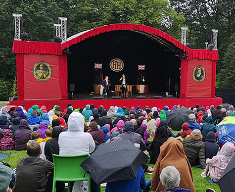 10m arc roof stage with velvet dressing for Horrible Histories at Hillsborough Castle